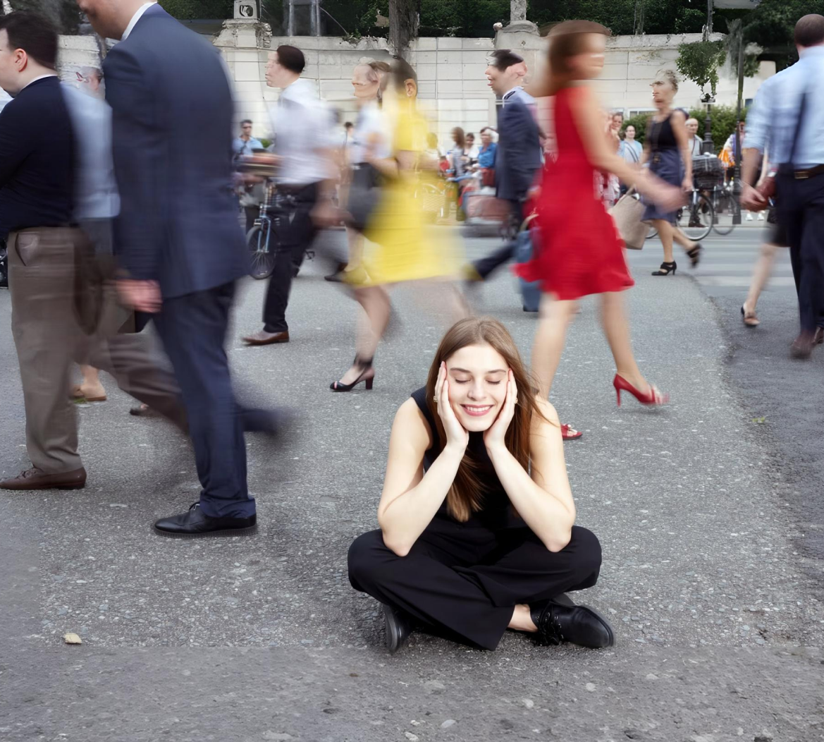 People walking in a busy street with person meditating